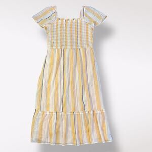 Lauren Conrad Striped Smocked‎ Midi Dress Size L Square Neck Boho Cottagecore